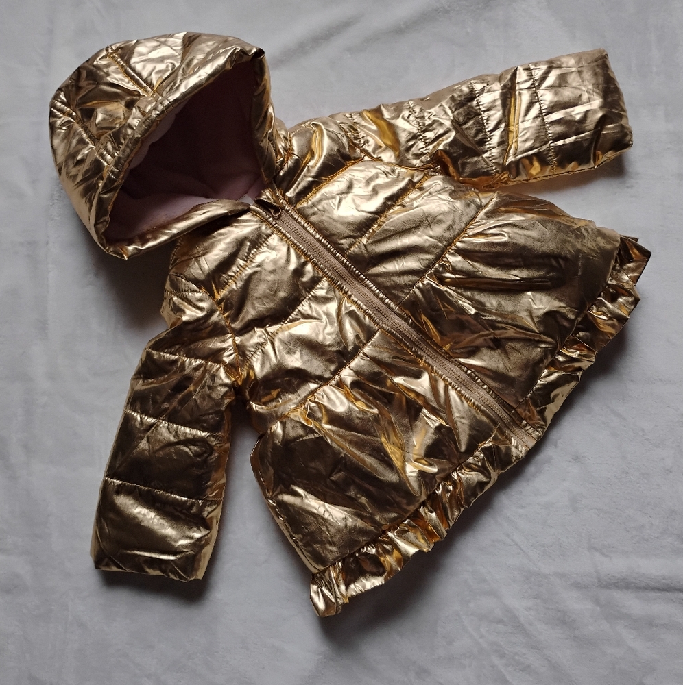Super Cute Metallic Gold Fleece Lined Puffer Jacket | 12M